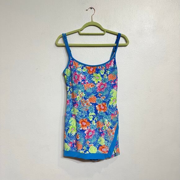 Into the Bleu by Amerex Blue Floral One Piece Swimsuit Dress Sz 10 NWT - Picture 1 of 11